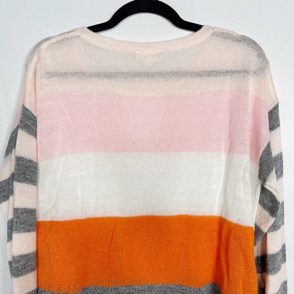 New Hem & Thread Medium Pink Orange Gray Striped Lightweight Sweater Crew Neck - Picture 6 of 10